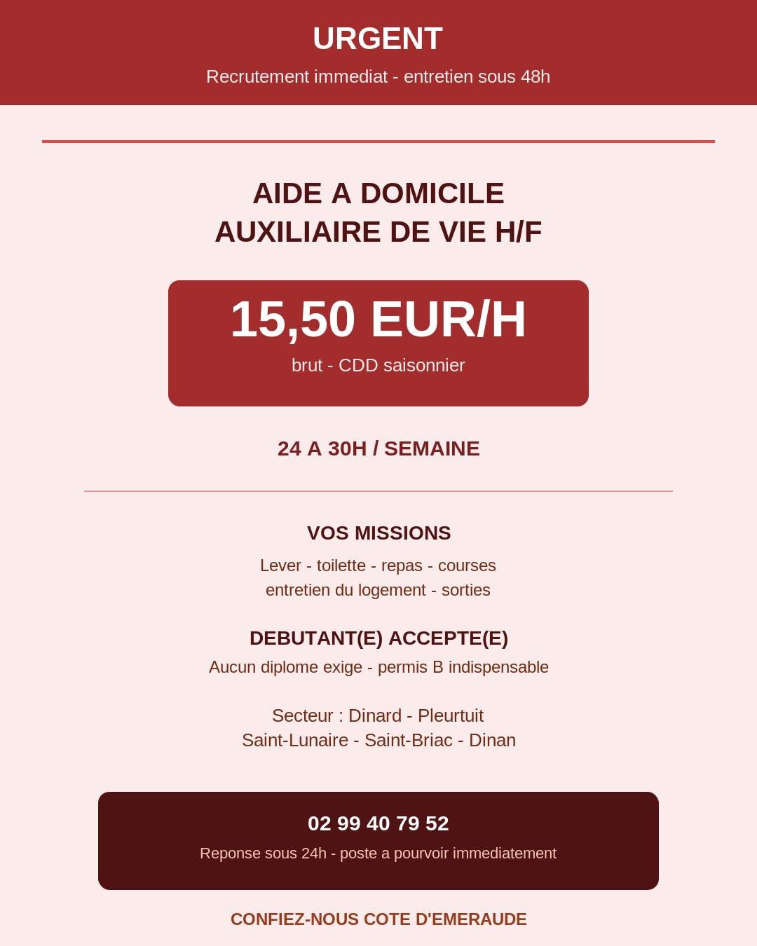 illustration Aide à Domicile / Auxiliaire de Vie H/F – 15,50 €/h – Urgent – CDD Saisonnier – Dinard, Pleurtuit et alentours