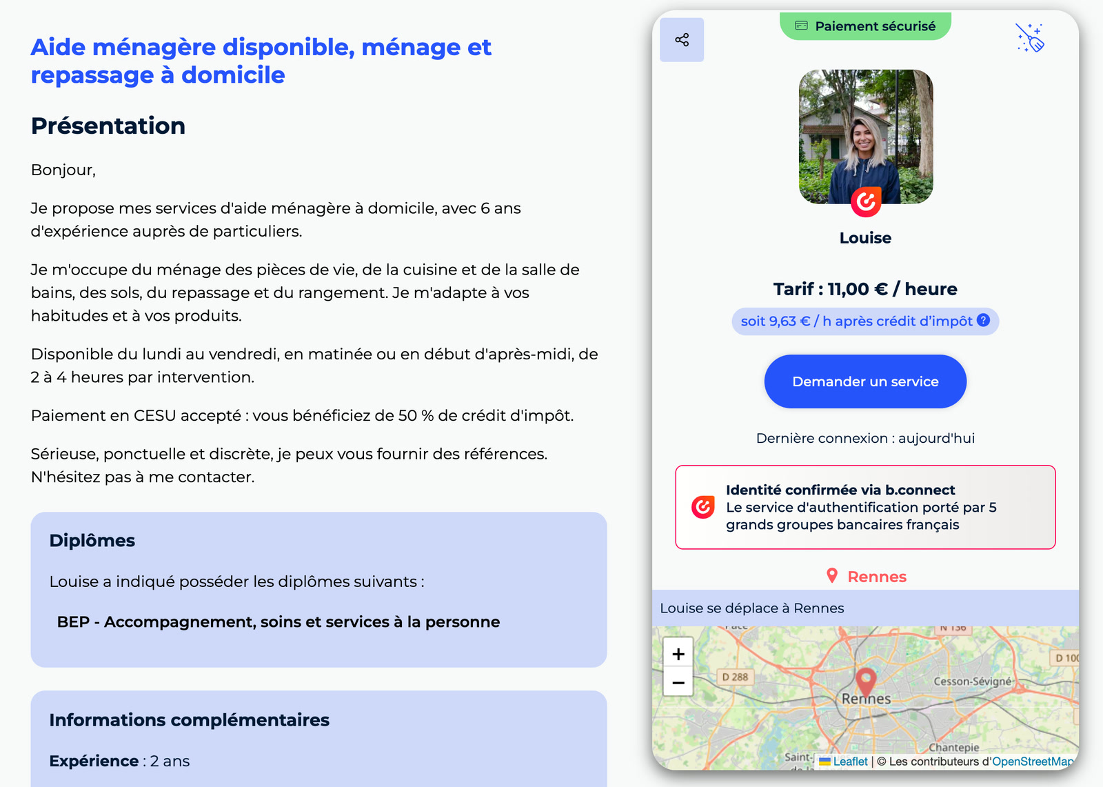 Annonce d'une prestataire avec le badge Identité confirmée via b.connect